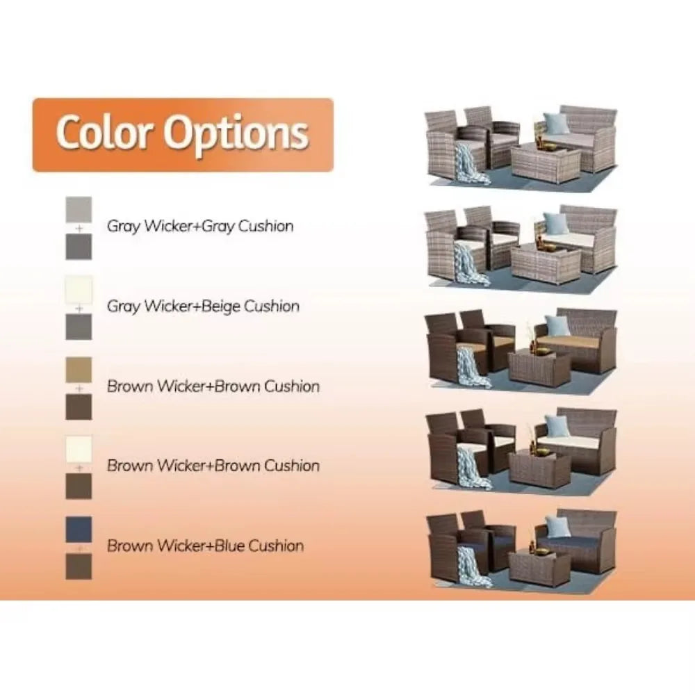 4 Piece Patio Furniture Set,Outdoor Wicker Conversation Sets,Rattan Sectional Sofa w/Coffee Table,Seat Cushions for Backyard Por