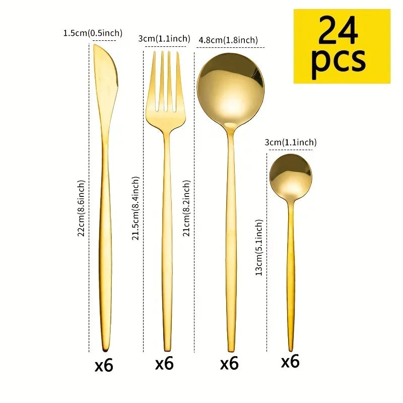 24Pcs Stainless Steel Golden Cutlery, Silverware Set Mirror Flatware Western Cutlery Set Dinning Kitchen Dinning Tableware
