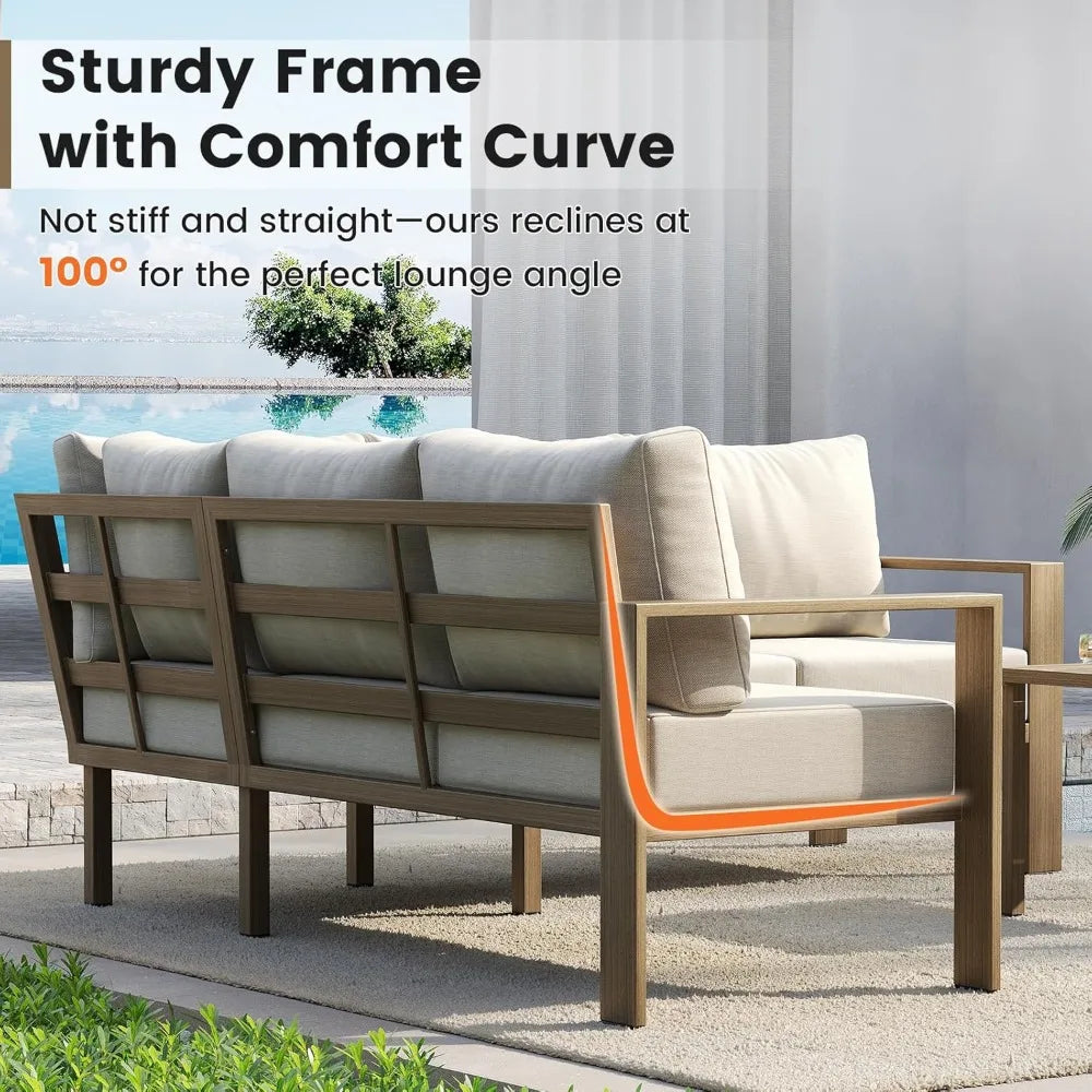 6 Piece Patio Furniture Set, Faux Wood Metal Outdoor Sectional Sofa with 6" Thick Olefin Cushions, Wide Armrest & Coffee