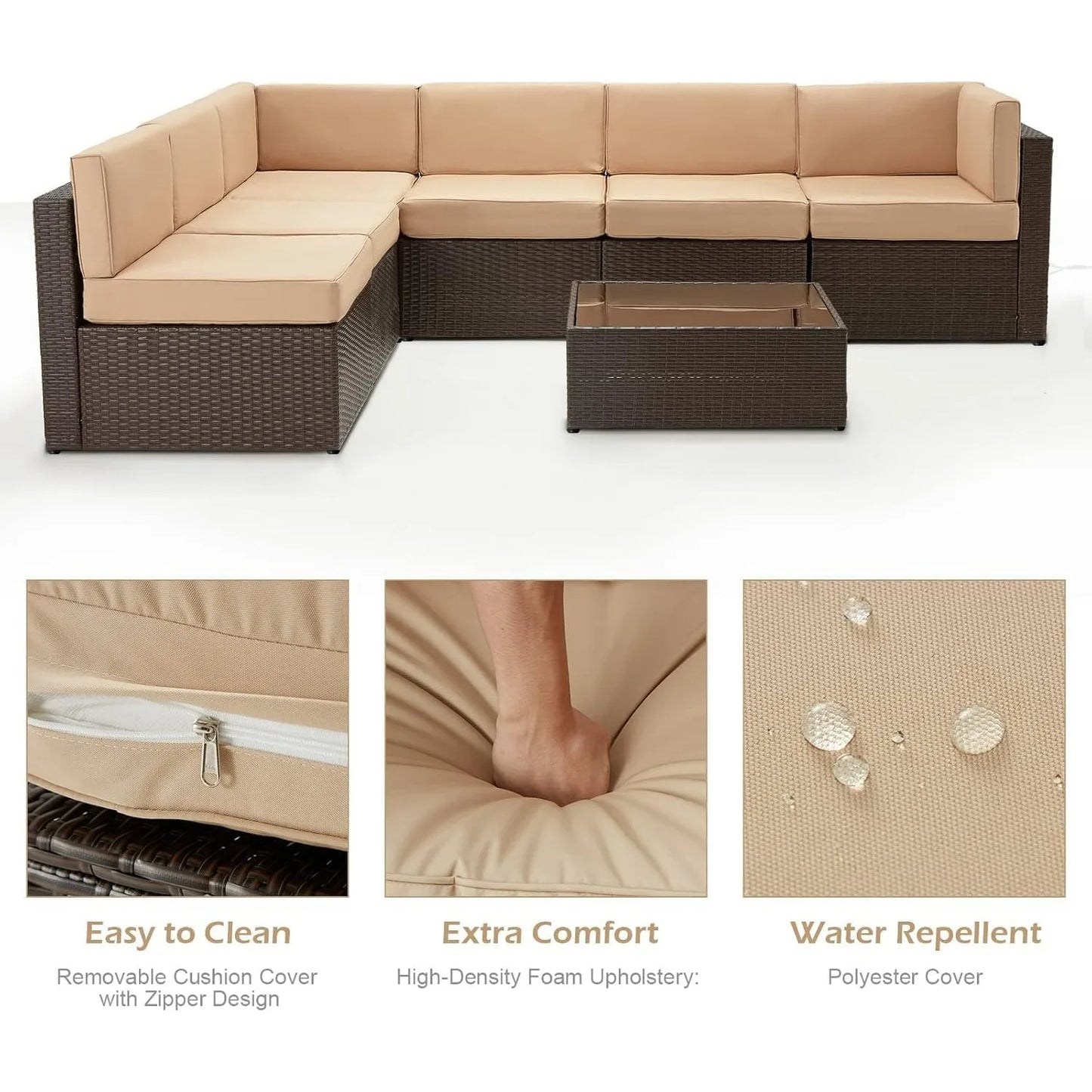 7 Piece Outdoor Patio Furniture Set, PE Rattan Wicker Sofa Set, Outdoor Sectional Furniture Chair Set  Brown