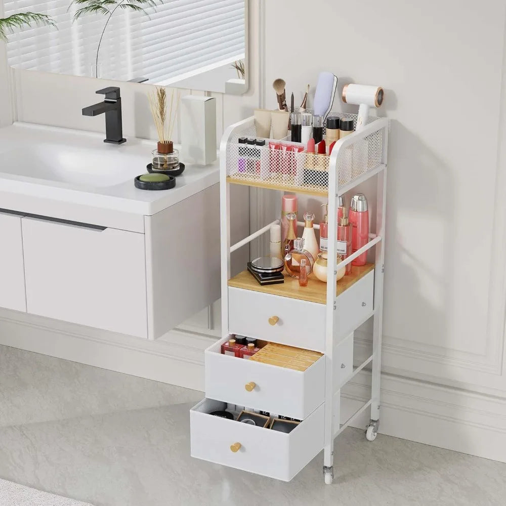 HapiRm Rolling Makeup Cart Organizer - Floor Skincare Make Up Storage with 3 Drawers, Vanity Organizer Cosmetic Display Cases Ho