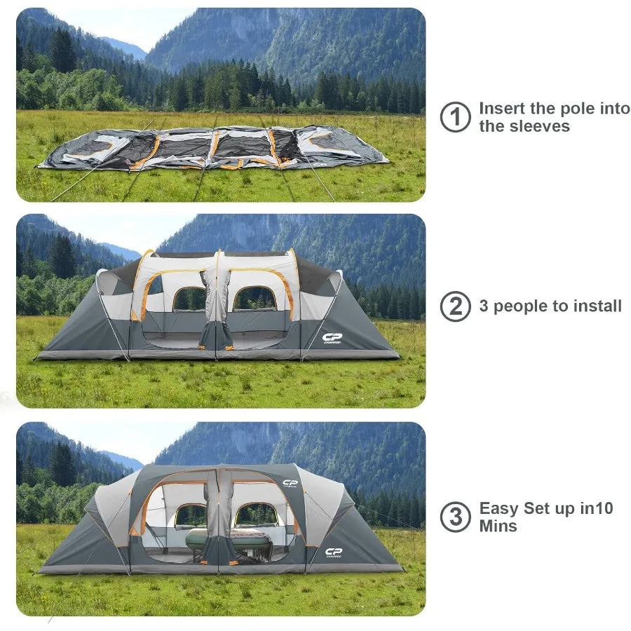 CAMPROS CP Tent 12Person Camping Tents with 3 Rooms Waterproof Windproof Design Top Rainfly for Enhanced Protection 6 Large Mes