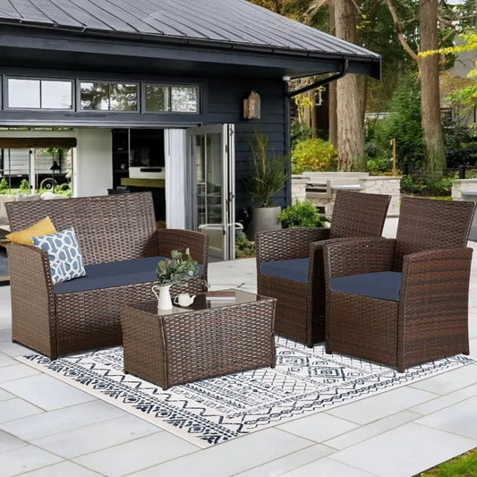 4 Piece Patio Furniture Set,Outdoor Wicker Conversation Sets,Rattan Sectional Sofa w/Coffee Table,Seat Cushions for Backyard Por