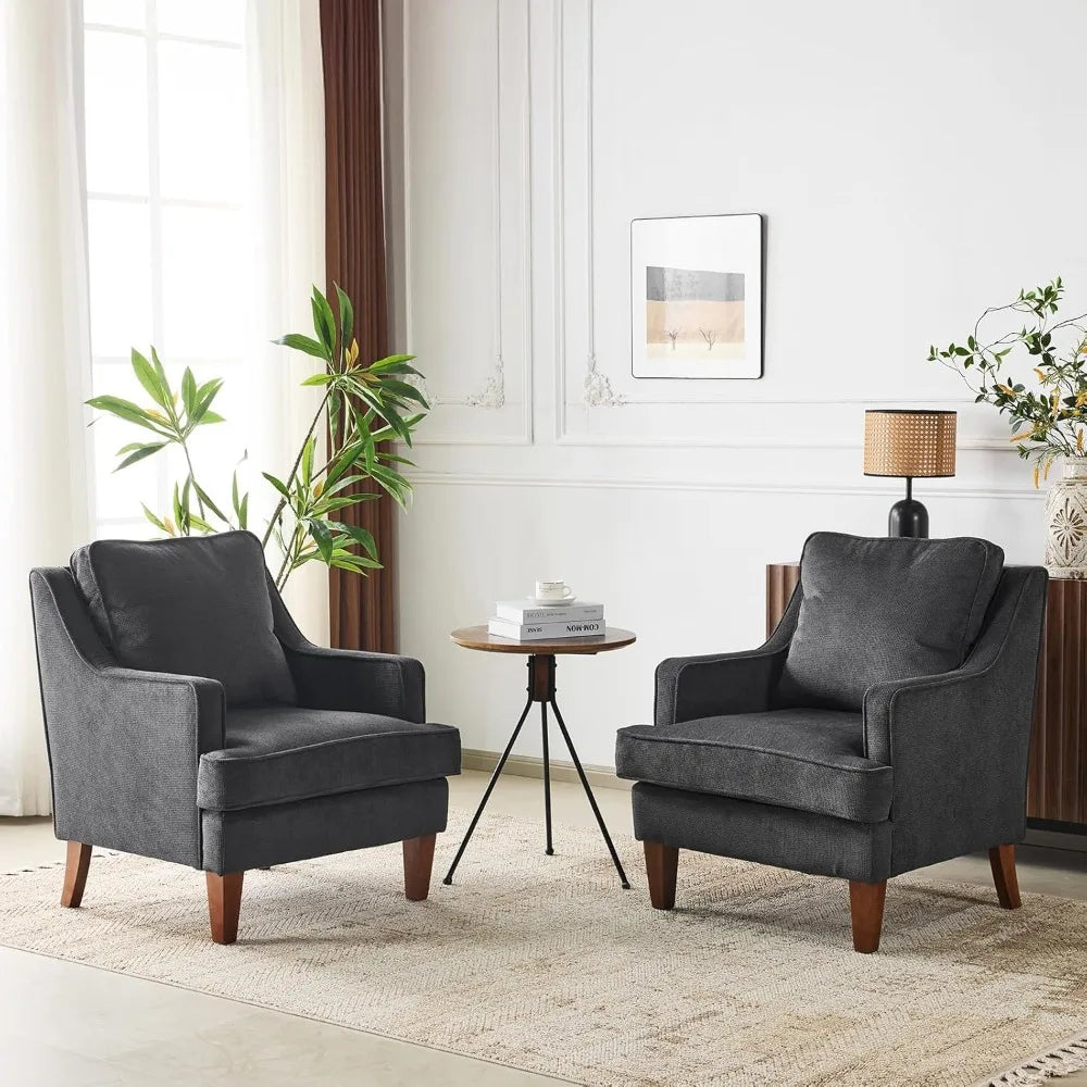 Mid-Century Modern Black Upholstered Accent Chairs Set of 2, Comfortable High-Back Sofa Chairs for Living Room Reading