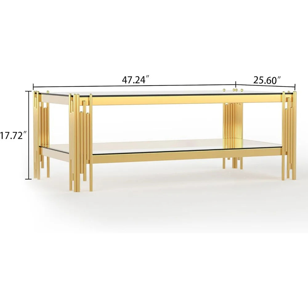 Modern Glass Coffee Table 47" Gold Center Table with Tempered Glass Top and Mirror Finish Stainless Steel Legs, Luxury Rectangu