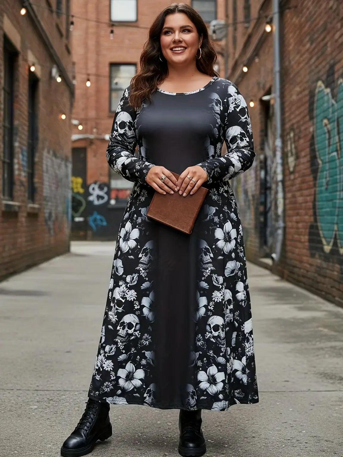 Plus size Maxi dress V neck Color block design Pocket inserted Skull print Dark style Unique pattern