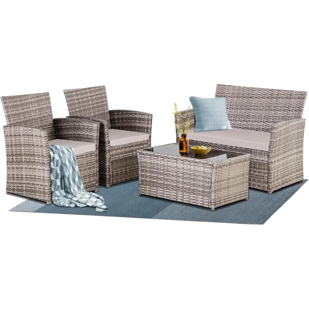 4 Piece Patio Furniture Set,Outdoor Wicker Conversation Sets,Rattan Sectional Sofa W/Coffee Table,Seat Cushions