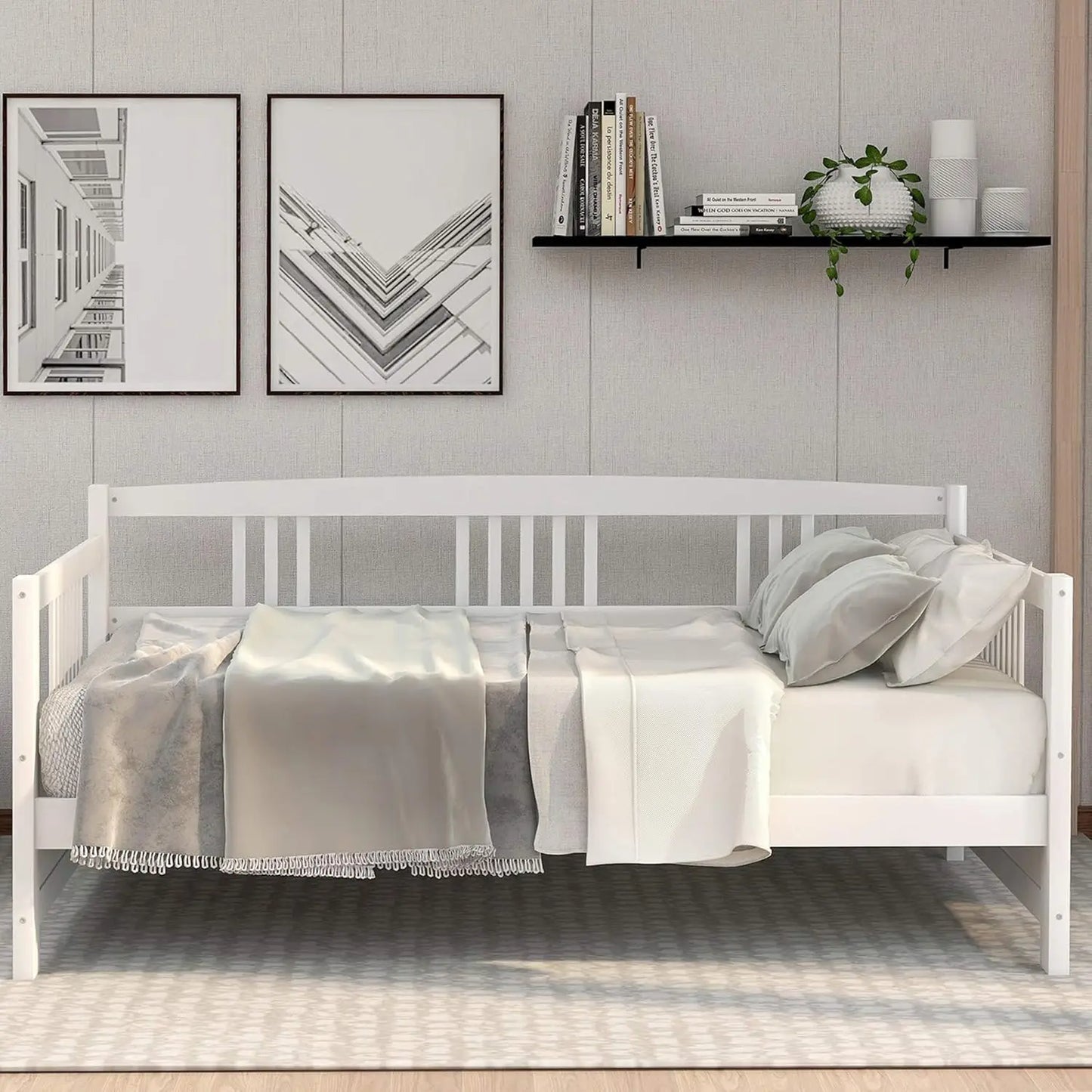 Daybed with Rails Twin Bed Wooden Slats Support Modern Living Daybed (Twin with Drawers, White)