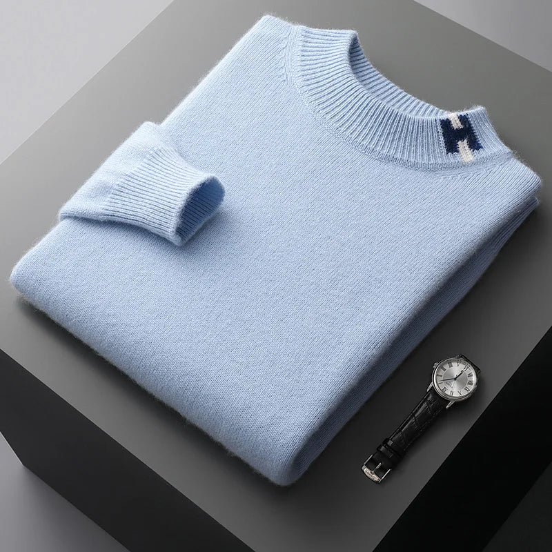 LHZSYY Men's Cashmere Sweater Autumn Winter New Semi-High Neck Pullover Warm Color Matching Knit Base Shirt Loose Thicken Jumper