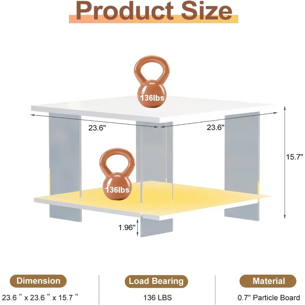 24" Acrylic Coffee Table with White Wood Tabletop, Minimalist Stylish Modern Square Center Table for Living Room,Led Living Room