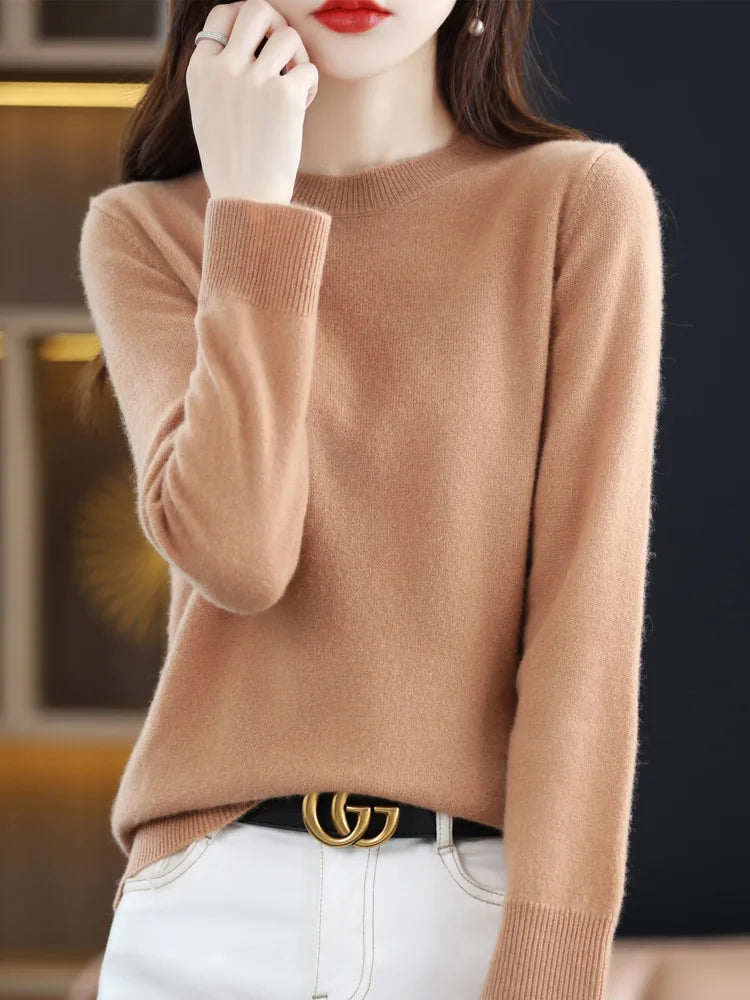 Fashion 100% Merino Wool Women's Sweater O-Neck Long Sleeve Pullover Spring Autumn Winter Basic Jumper Clothing Knitwear Tops