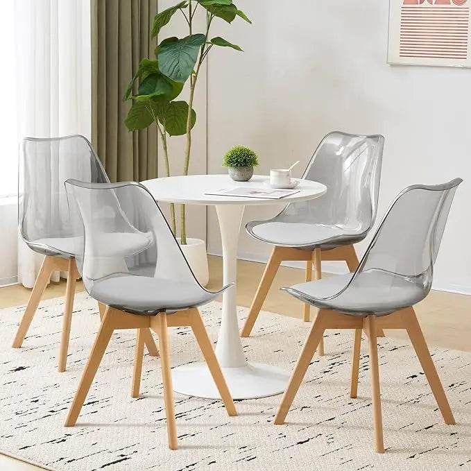 Clear Dining Chairs Set of 4, Modern Acrylic Accent Chair Kitchen Dinner Chairs with PU Leather Cushions Seat and Wood Legs, Sid