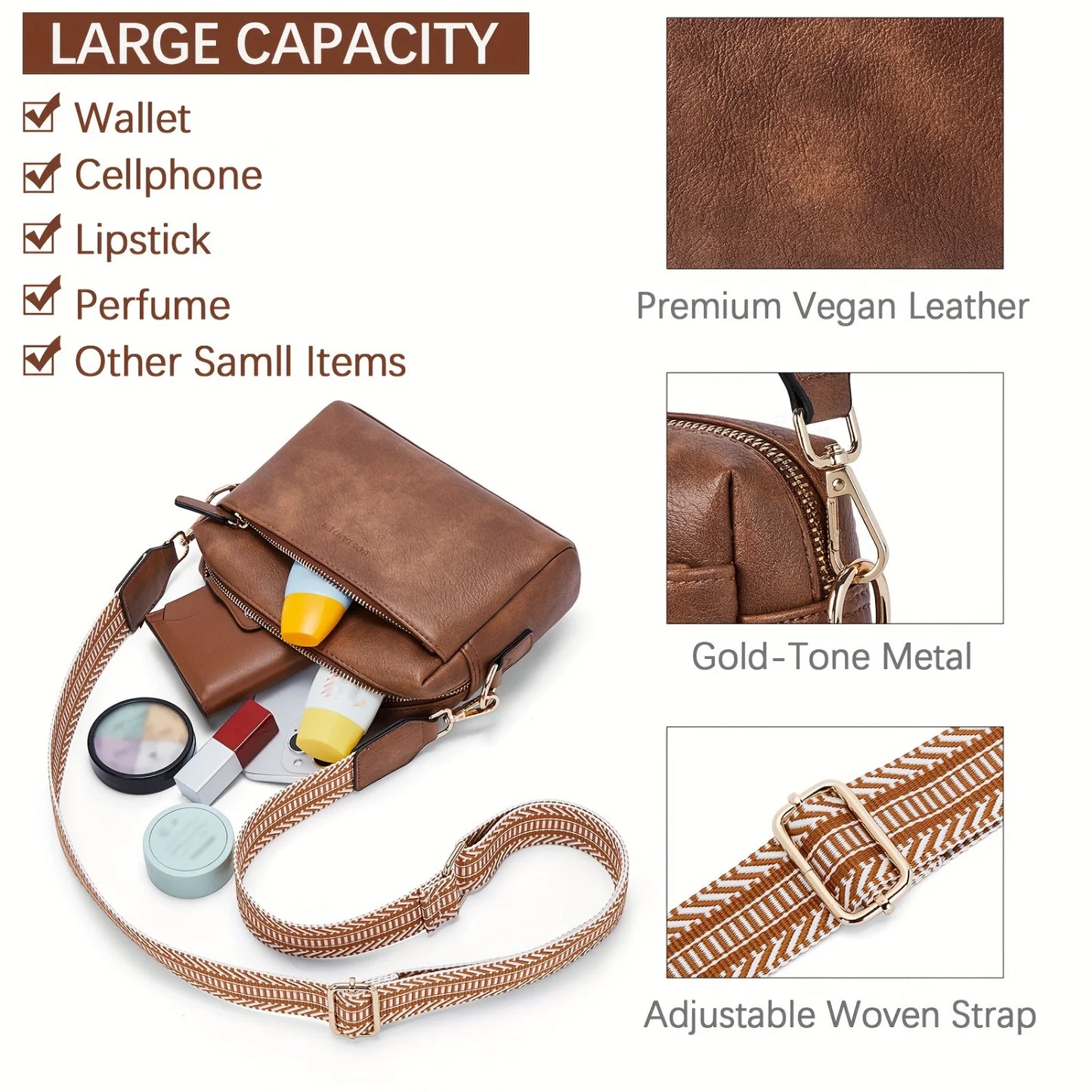 Stylish Crossbody Purse For Women - Retro Shoulder Bag With Wide Shoulder Strap and Triple Zip Cell Phone Handbag for Everyday U