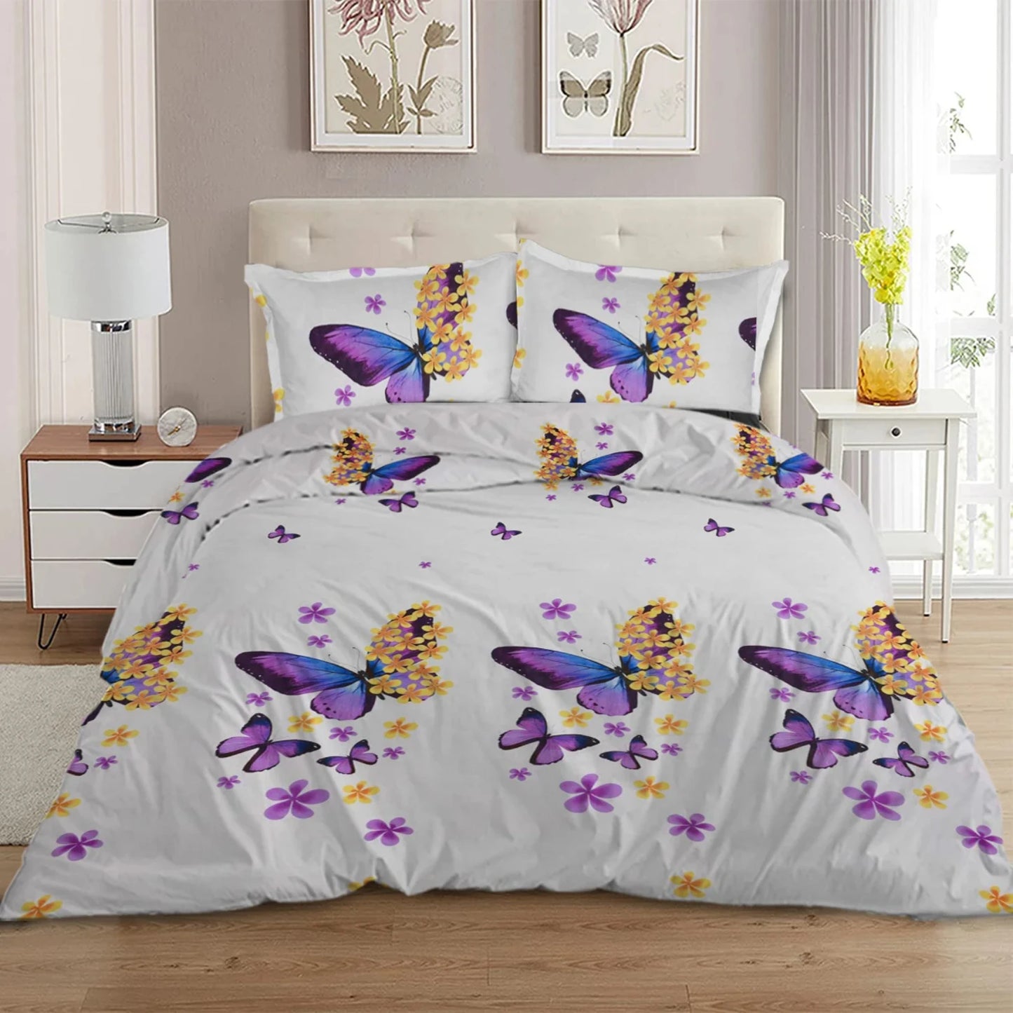 Purple and Yellow Geometric Design Bedding Set - Decorative 3-Piece Duvet Cover with 2 Pillow Shams - Cozy Family Bedding Additi