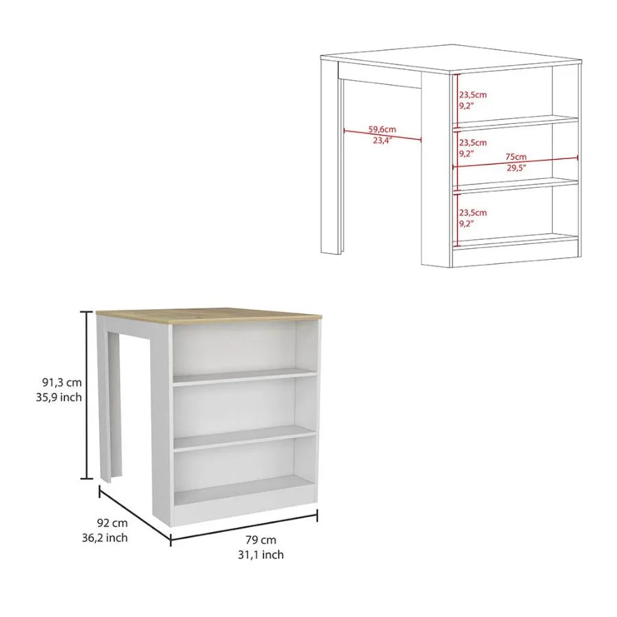 Tanna Kitchen Counter Dining Table Two Legs Three Side Shelves White Light Oak