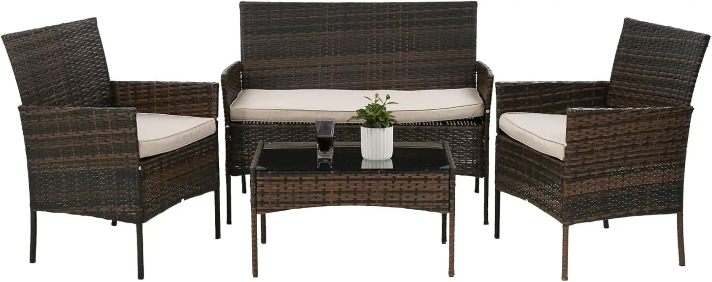4 Pieces Patio Furniture Set Rattan Outside Furniture Wicker Sofa Garden Conversation Sets with Soft Cushion and Glass Table for