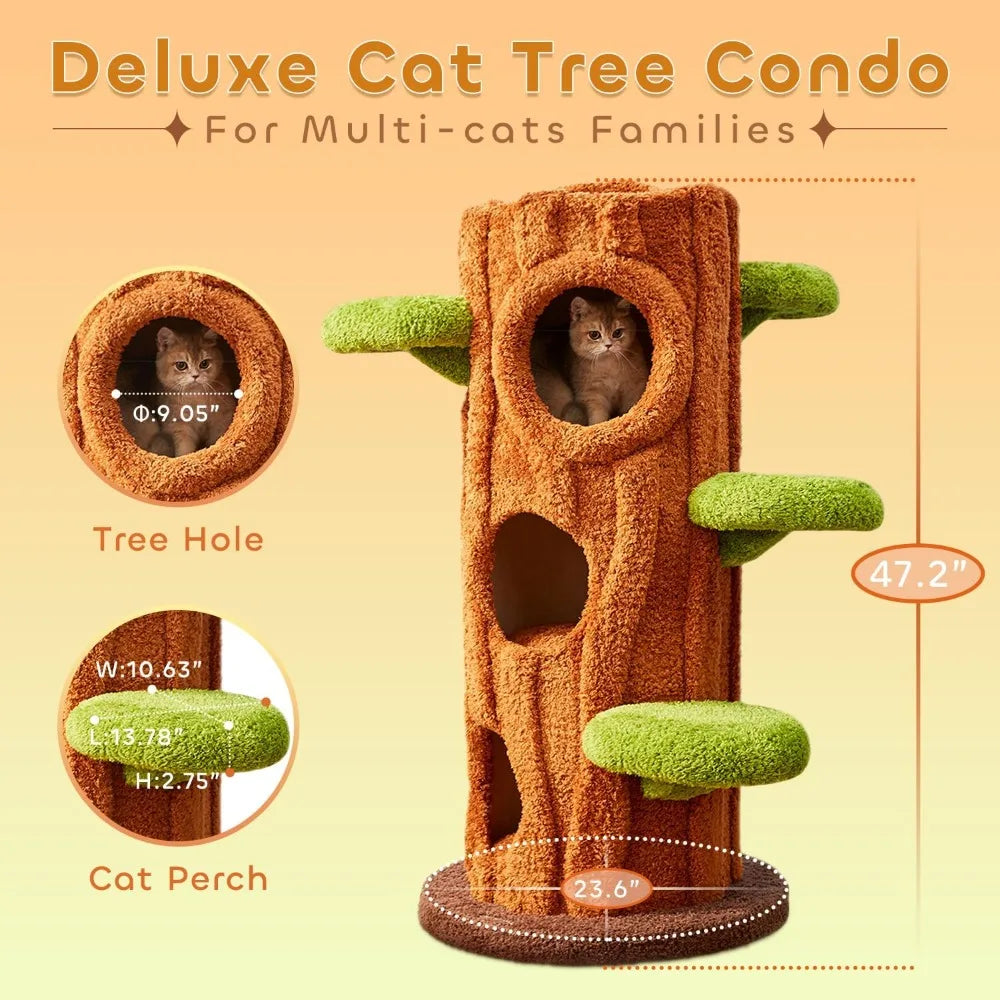 47.2'' Luxury Natural Cat Tree for Indoor Cats, Multi-Level Cat Tower with Scratching Post, Solid Wood Cat Condo for Multi-cat F