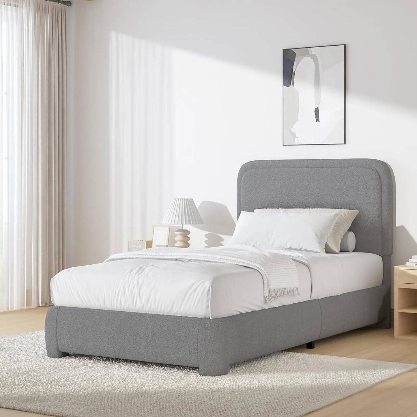 Twin Size Bed Frame, Boucle Upholstered Platform Bed with Headboard, Modern Style, Soft Rounded Corners, No Box Spring Required,