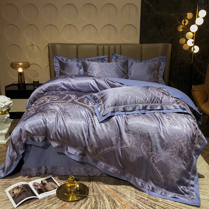 Soft Satin Jacquard Cotton Bedding Set, Luxury Duvet Cover, Blue, Gold, Gray, Queen, King Bed Sheet, Pillowcases, Home Textiles