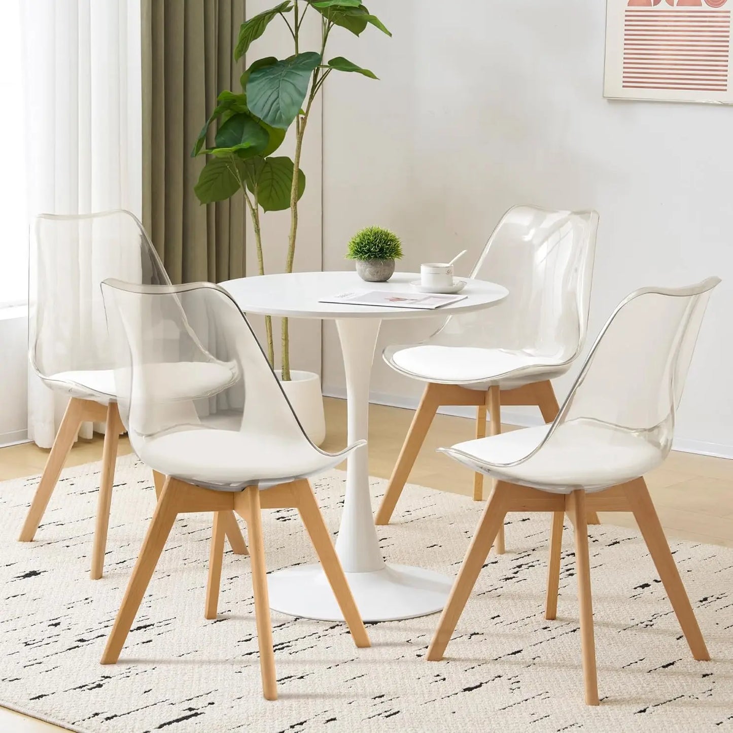 Clear Dining Chairs Set of 4, Modern Acrylic Accent Chair Kitchen Dinner Chairs with PU Leather Cushions Seat and Wood Legs, Sid