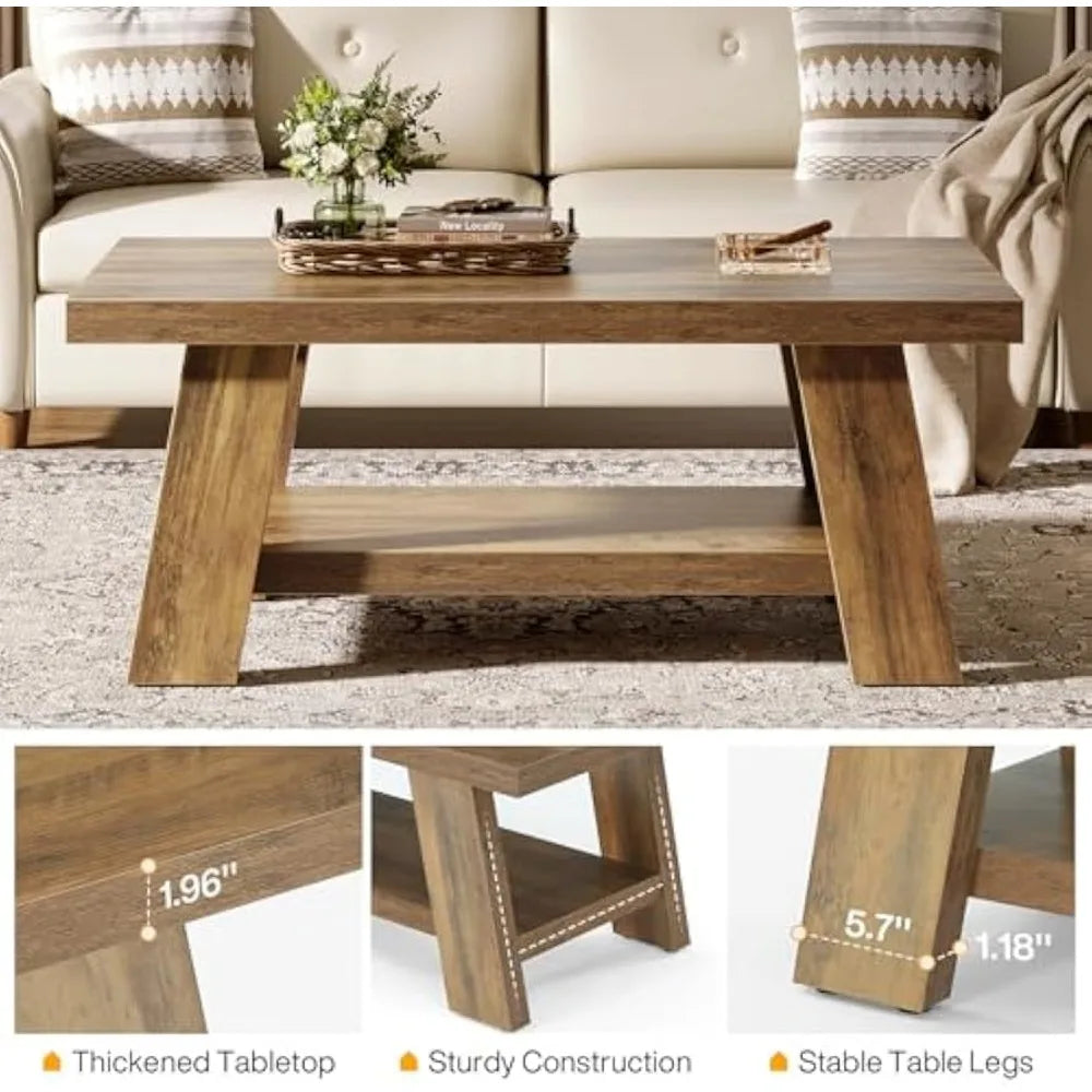 Rustic Rectangular Living Room Coffee Table, 47.24" Two-Level Wood Center Table