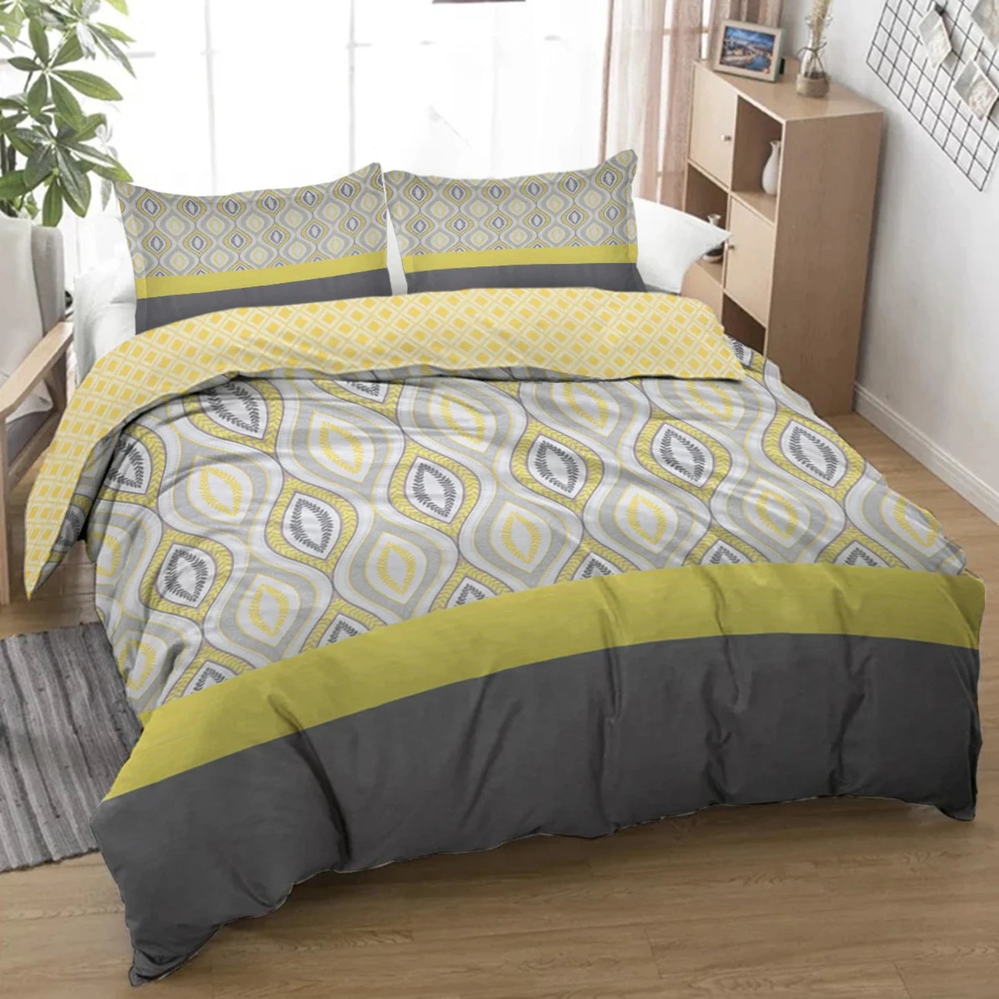 Cozy Gray-yellow Shape Design Bedding Set with Decorative 3 Pieces Duvet Cover and 2 Pillow Shams for Family Bed Bed sheet Stich
