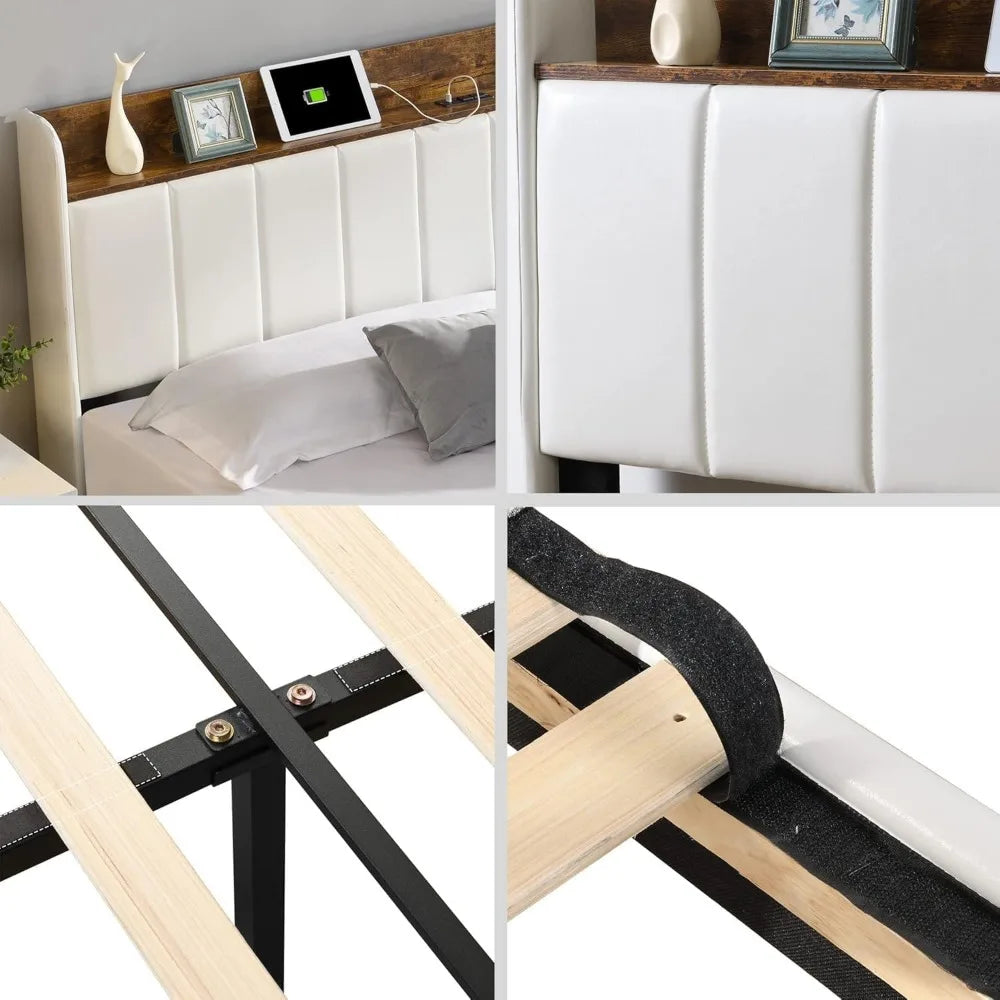 Queen Bed Frame with Headboard & Charging Station, Upholstered Platform Bed Frame with 2 Storage Drawers, Sturdy Wooden Slats Su
