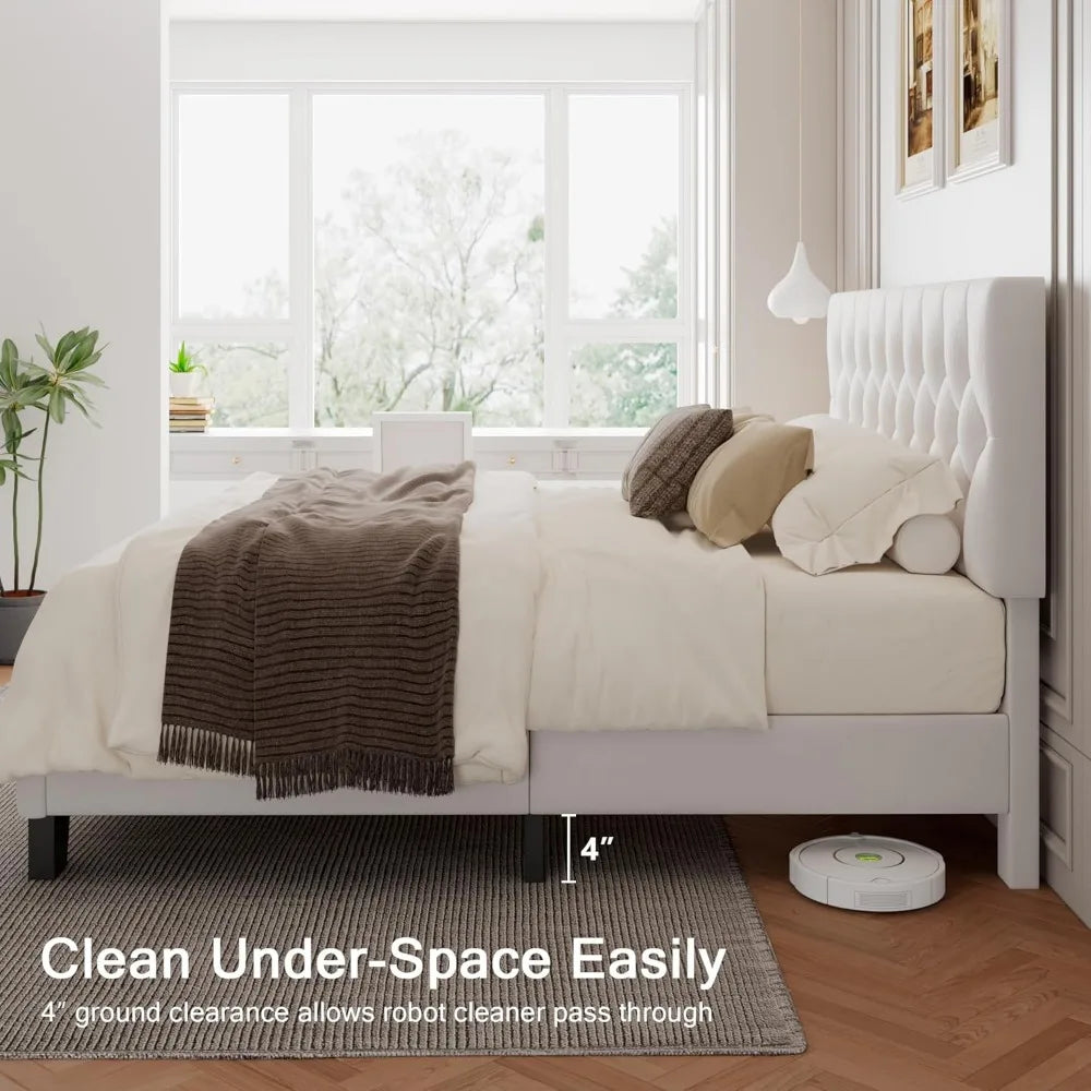 king upholstered bed frame with headboard, button tufted linen bed base, platform bed with wood slat, heavy duty, easy assembly,