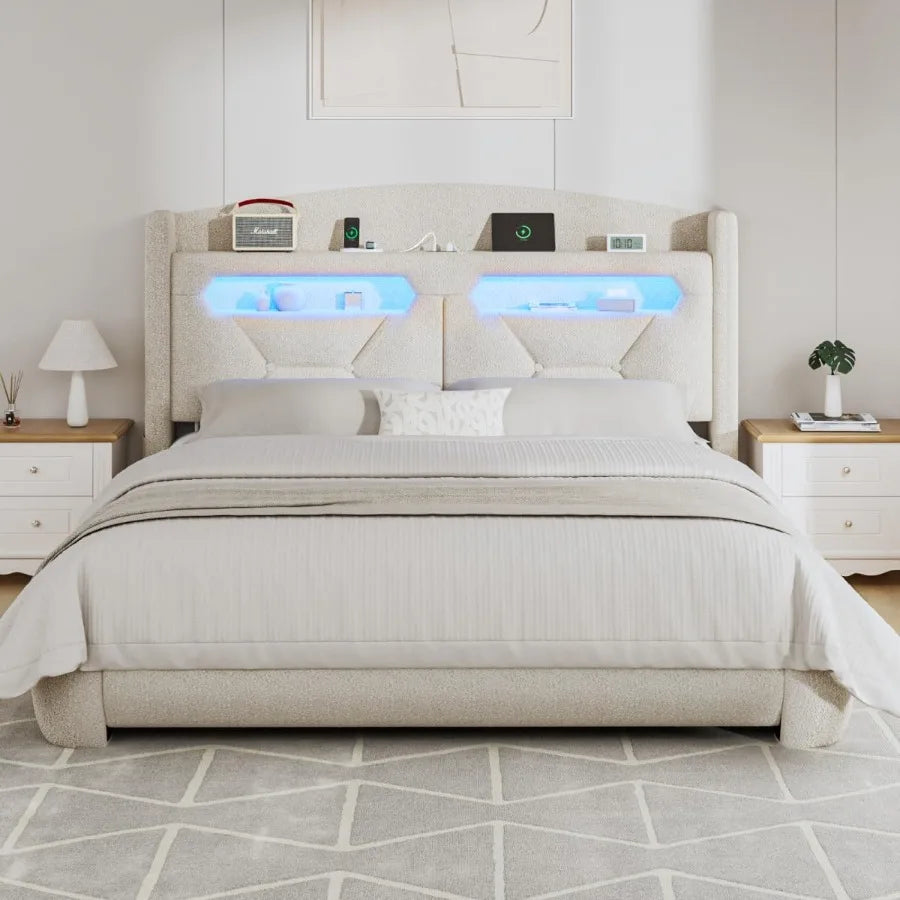Queen Size Bed Frame with Headboard Boucle Upholstered Platform Bed Frames with Storage Charging Station LED Lights Soft Thicke