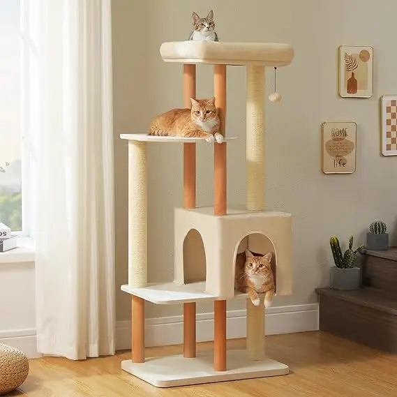 53-inch tall modern wooden cat tree for large indoor cats with multi-level condos and extended scratching posts