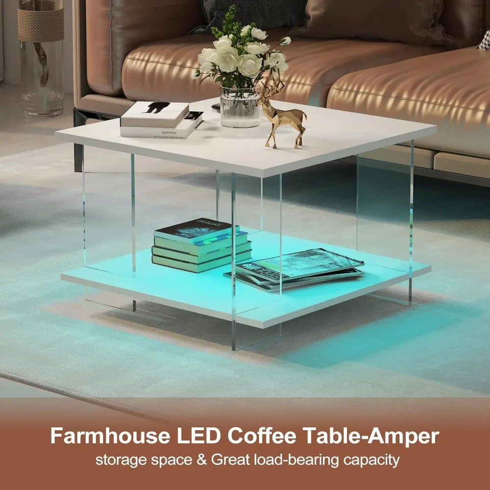 24" Acrylic Coffee Table with White Wood Tabletop, Minimalist Stylish Modern Square Center Table for Living Room,Led Living Room