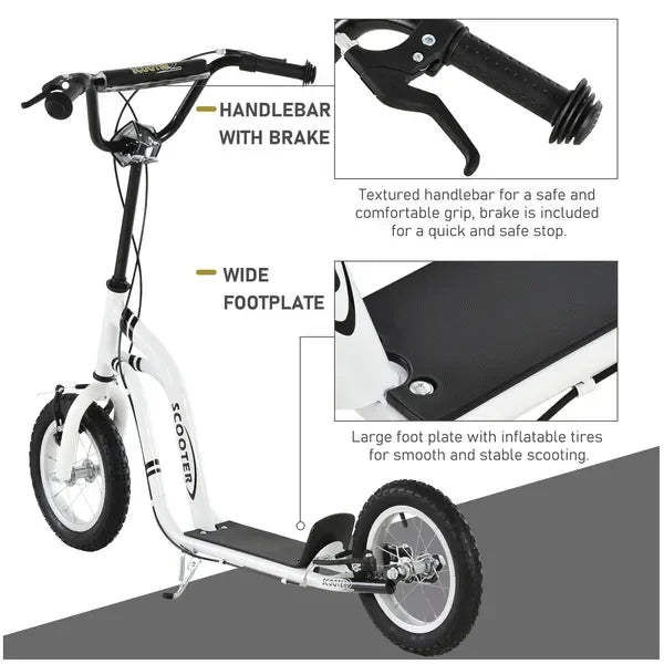 Aosom Kids Scooter Youth Scooter for 5+ with Dual Brakes, 12-Inch Inflatable Wheels, Outdoor Ride-On Toy, White