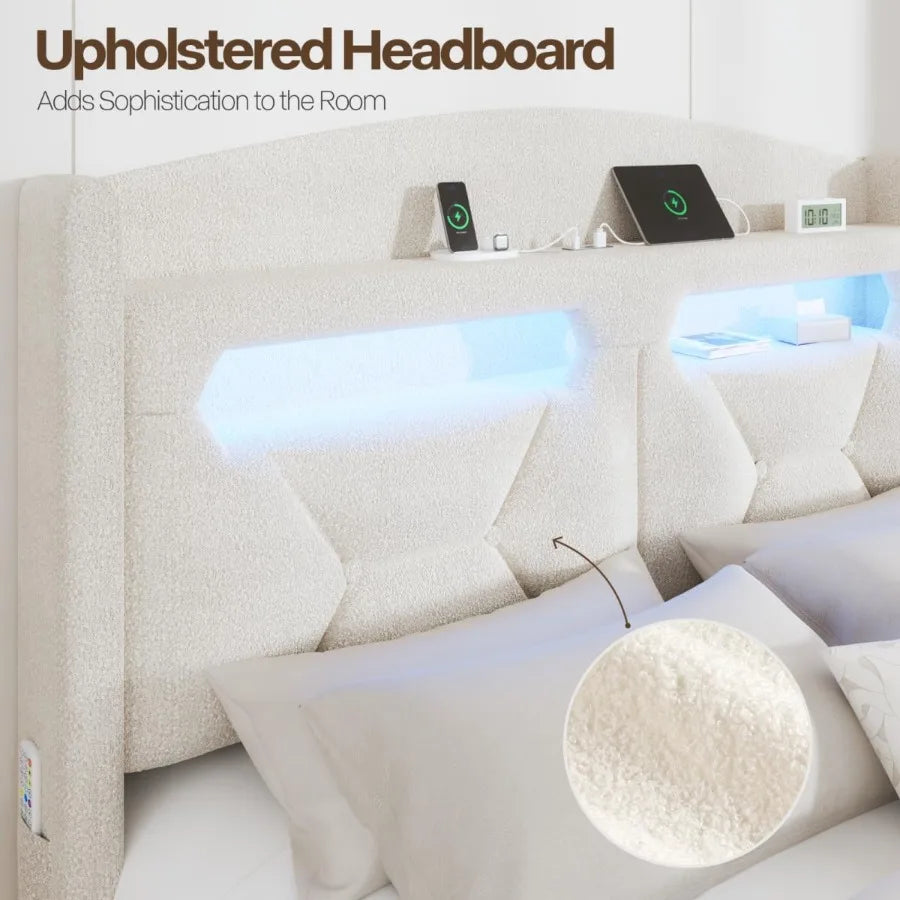 Queen Size Bed Frame with Headboard Boucle Upholstered Platform Bed Frames with Storage Charging Station LED Lights Soft Thicke