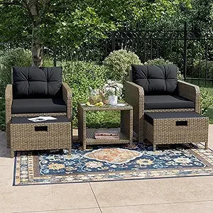 Balcony Furniture 5 Piece Patio Conversation Set, PE Wicker Rattan Outdoor Lounge Chairs with Soft Cushions 2 Ottoman&Glass Tabl