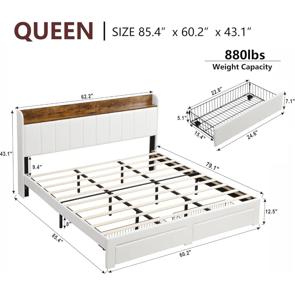 Queen Bed Frame with Headboard & Charging Station, Upholstered Platform Bed Frame with 2 Storage Drawers, Sturdy Wooden Slats Su