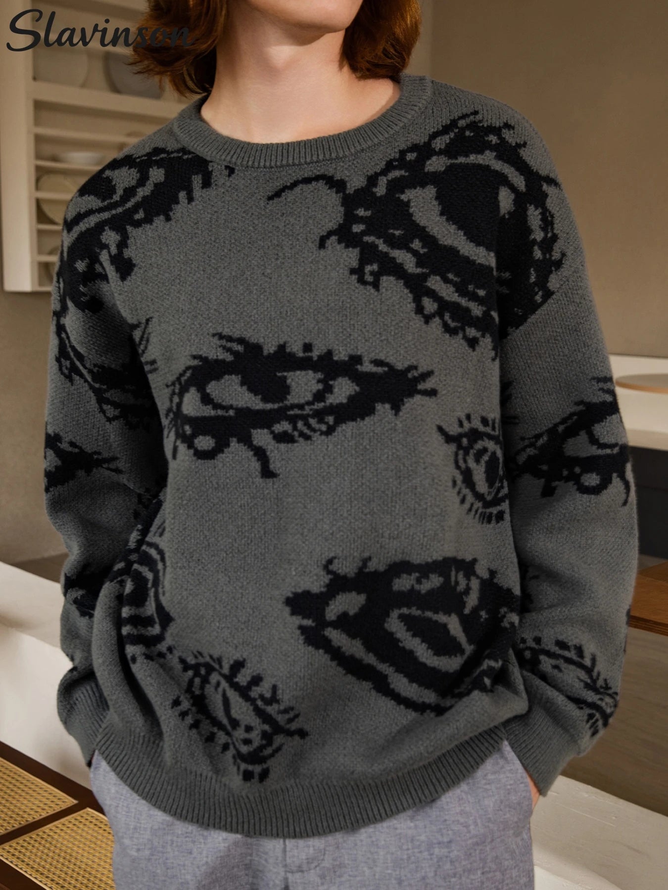 Men's Autumn Outfit: Dark Grey Sweater with Sophisticated Pattern Design, Breathable and Warm Knitted Fabric Men's Clothing