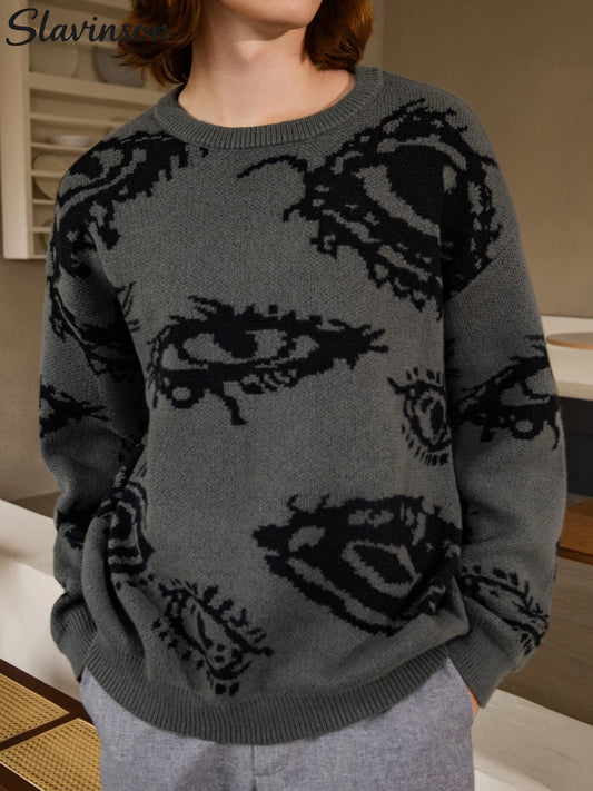 Men's Autumn Outfit: Dark Grey Sweater with Sophisticated Pattern Design, Breathable and Warm Knitted Fabric Men's Clothing