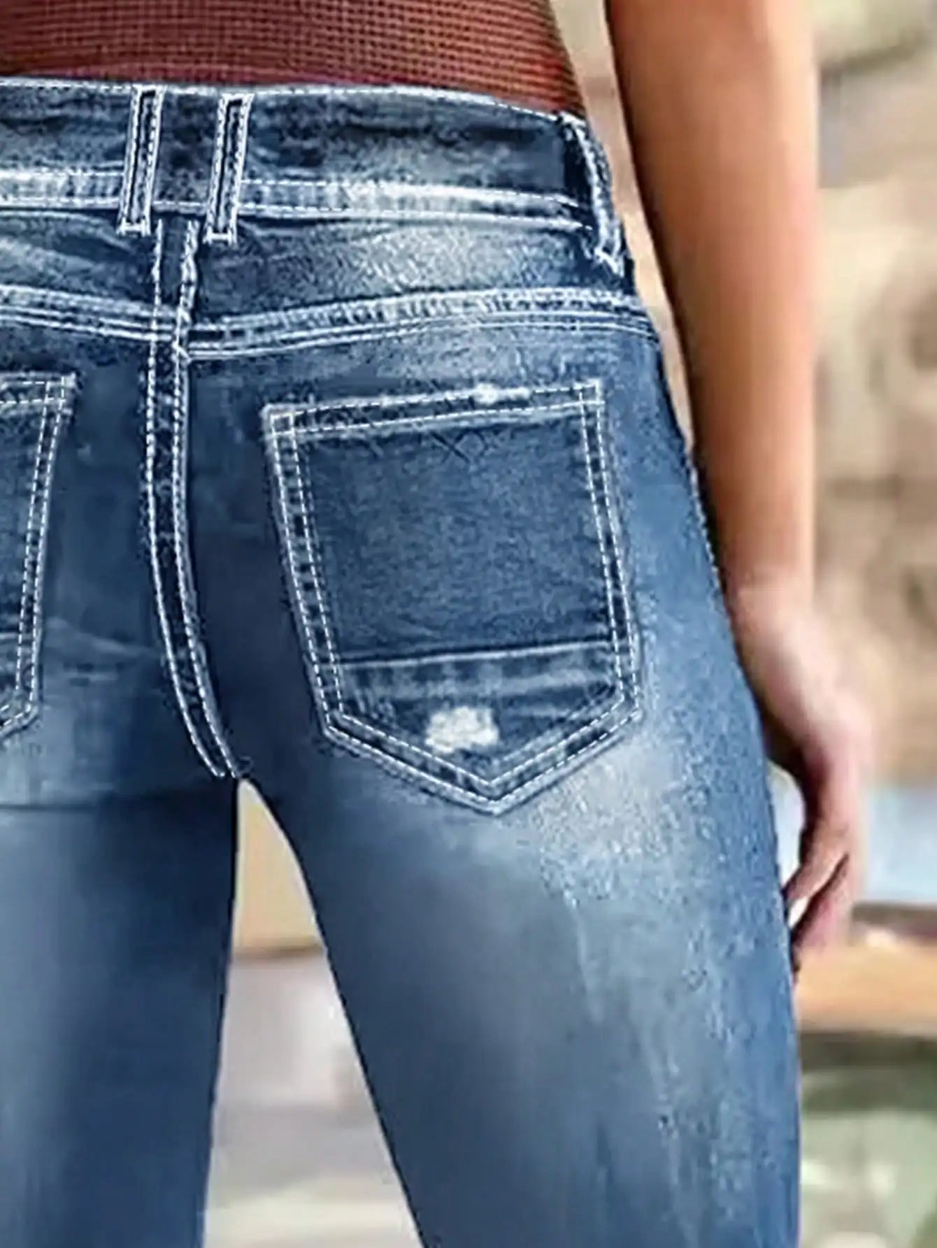 Solid Color Casual Jeans, Tight Elastic Diagonal Pocket Jeans, Women's Wear