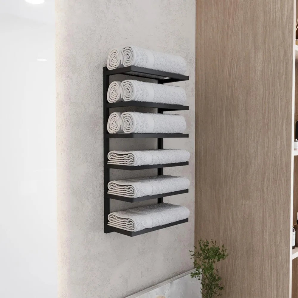 Space-Saving Wall-Mounted Black Metal 5-6 Tier Towel Rack for Bathroom Storage and Organization