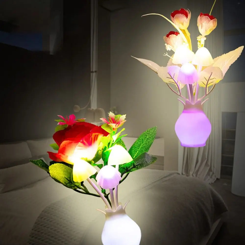 LED Mushroom Lamp LED Night Lamp Novel 7-color Night Lamp 220V EU Plug Sensing Dream High Grade Pomegranate Vase Flowers