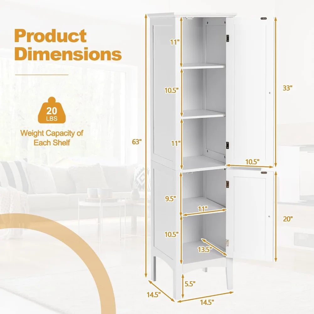 5-Tier Freestanding Bathroom Linen Tower with Wooden Sides and 2 Doors Storage Cabinet