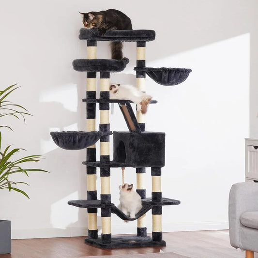 Cat Tree, 68 inch Multi-Level Cat Tower for Indoor Cats, 2 Widened Plush Perches Cat Condo with Scratching Board and Big Caves