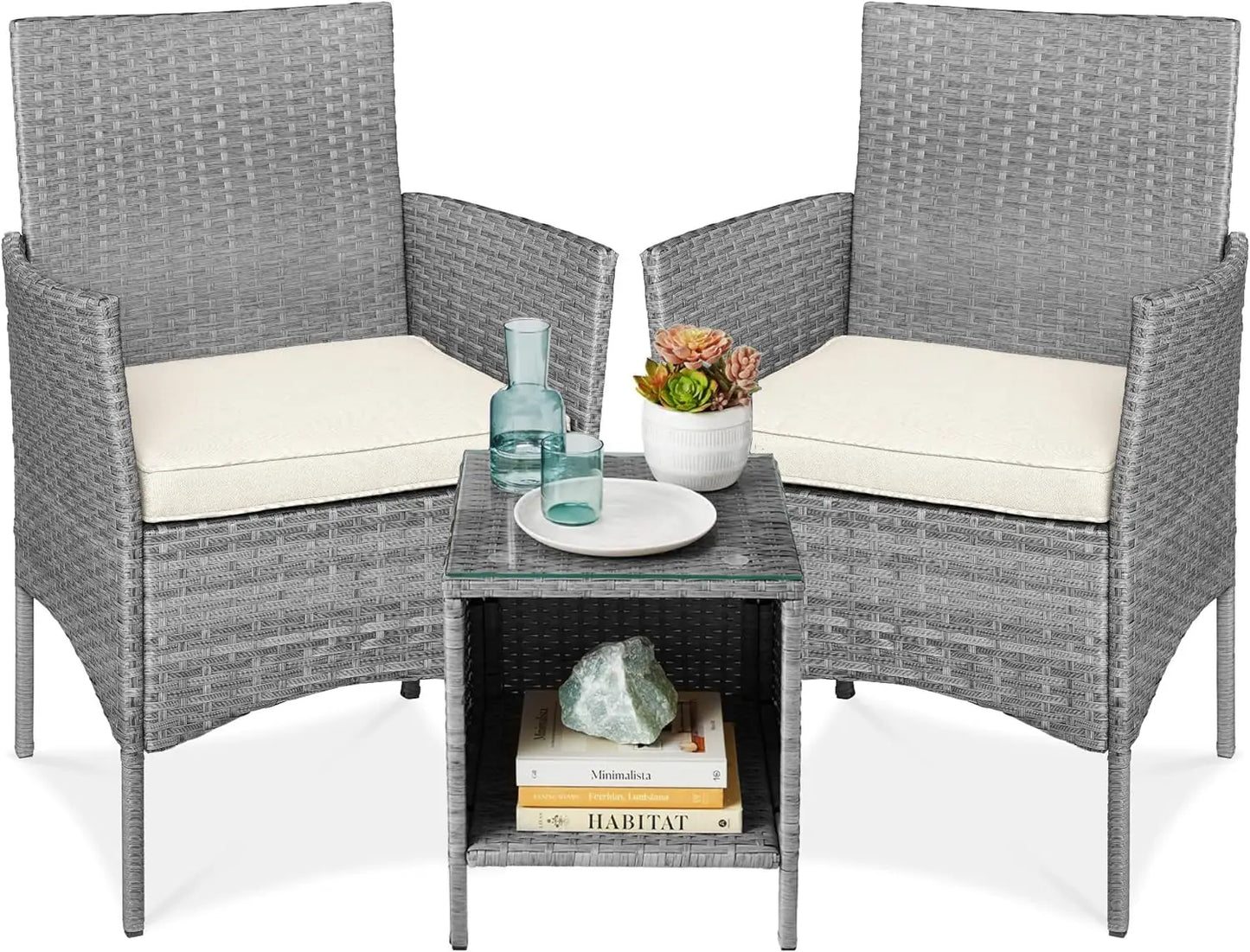 3-Piece Outdoor Wicker Conversation Bistro Set, Space Saving Patio Furniture for Garden w/Side Table