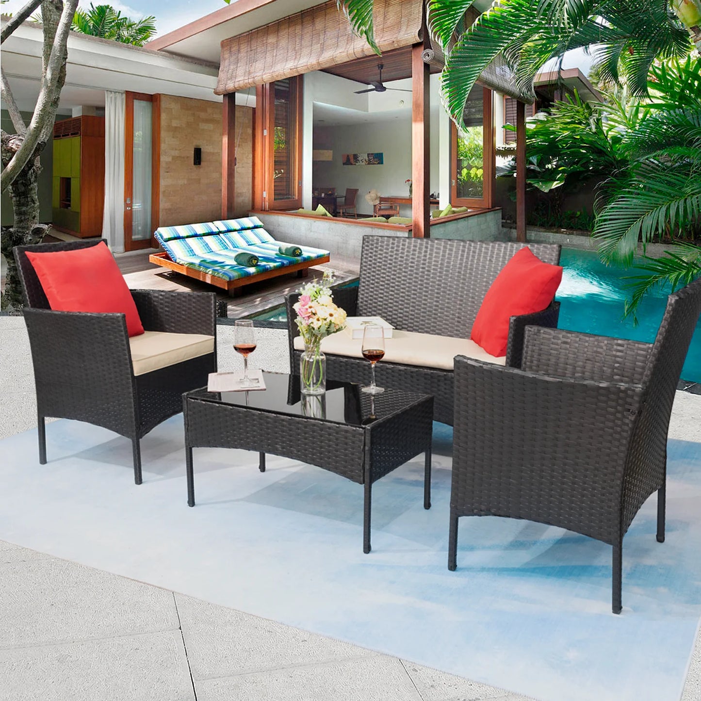 4 Pieces Patio Furniture Set Rattan Outside Furniture Wicker Sofa Garden Conversation Sets with Soft Cushion and Glass Table for