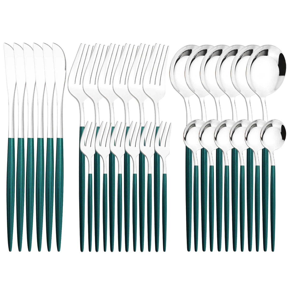 30pcs Black Silver Cutlery Set Knife Fruit Forks Cake Fork Tea Spoon Dinnerware Stainless Steel Tableware Set Party Kitchen Tool