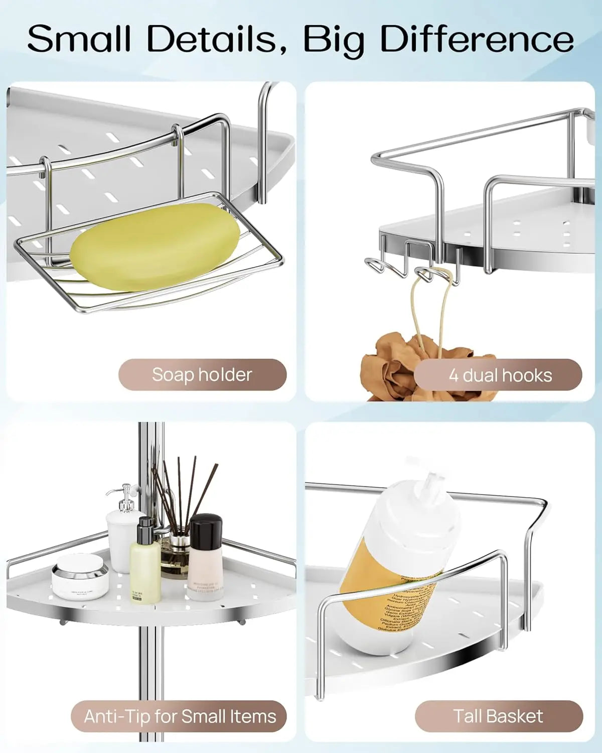 Corner Shower Caddy Tension Pole – Upgraded Rust-Free Stainless Steel Shower Organizer with Adjustable Storage Shelves