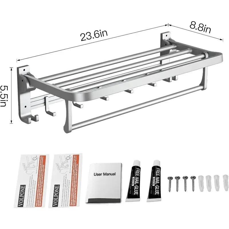 24 Inch Towel Rack with Towel Bar Holder Foldable Towel Shelf with Movable Hooks Rustproof Storage Wall Mount