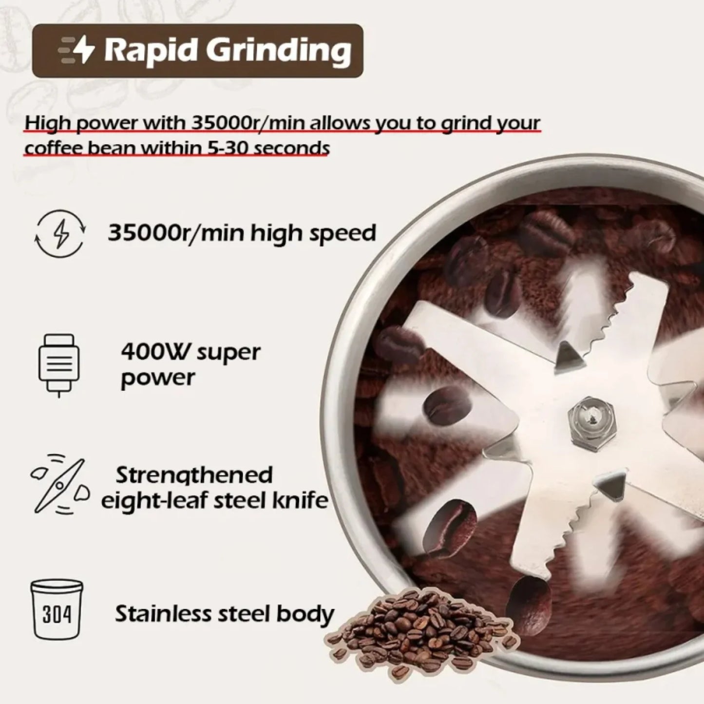 High Power  Coffee Grinder Kitchen Cereal Nuts Beans Spices Grains Machine Multifunctional