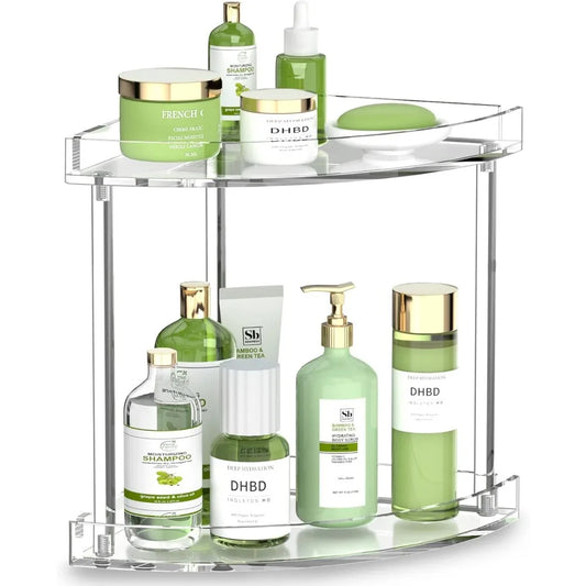 2 tier acrylic bathroom counter organizer, clear bathroom countertop corner organizer, 2-tier corner storage shelf vanity trays