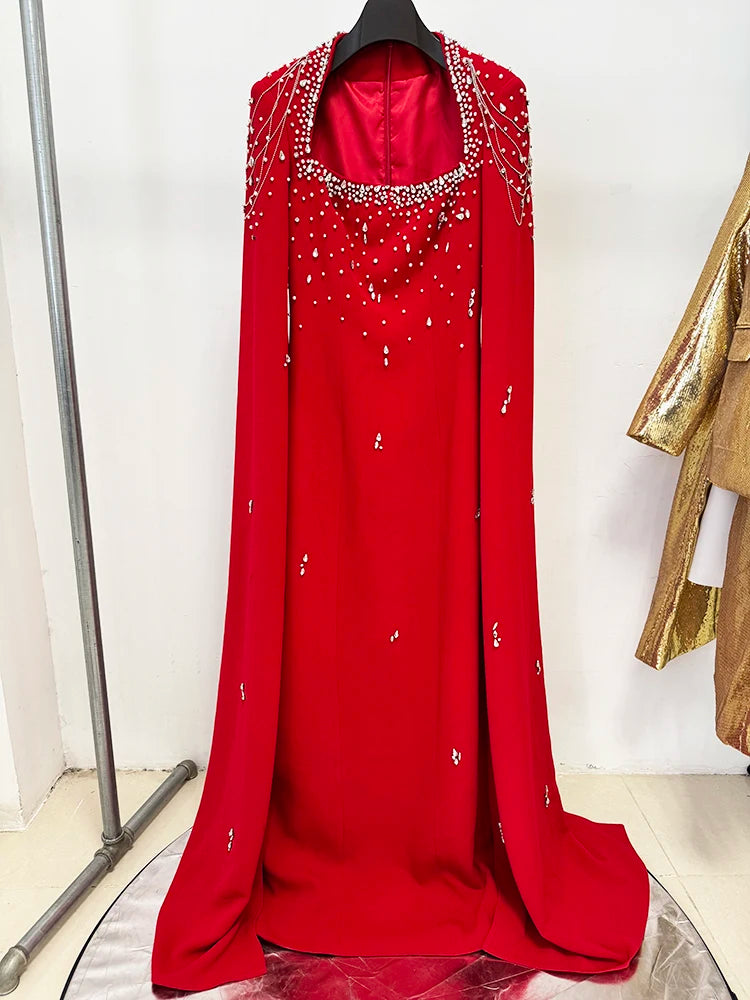 HIGH STREET Newest 2025 Designer Vestido Women's Diamonds Beaded Chains Cape Sleeve Floor Length Maxi Long Dress